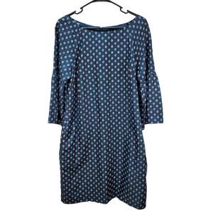 Banana Republic Dress Womens Medium Shift Midi Blue 3/4 Bell Sleeve Print Zipper
